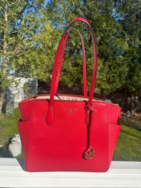 Michael Kors Red Saffiano Leather Tote with Gold Hardware